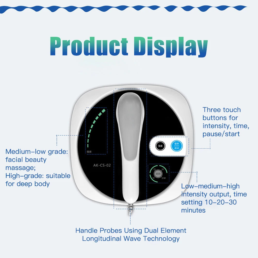 White 1MHz ultrasound physiotherapy device with touch intensity, timer controls, and handle probe for pain relief.