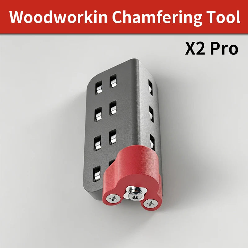 Wood edge chamfering tool with red handle and gray multi-blade holder