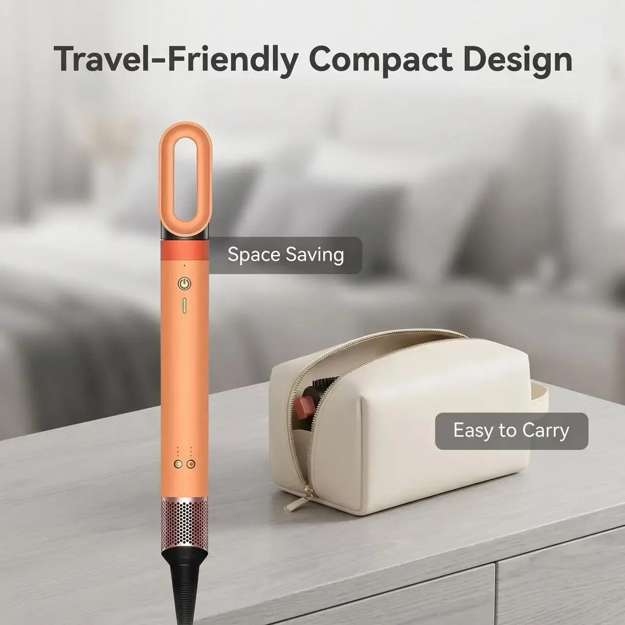 Orange 6-in-1 negative ion hair styler with travel bag for compact, portable styling and blow drying on the go.