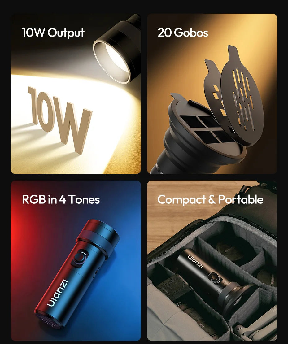 Compact 10W RGB LED flashlight with 20 projection gobos, in a black cylindrical metal design for portable photography.