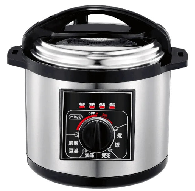 12L stainless steel electric pressure cooker with black lid and front control dial