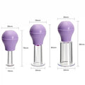 Set of three purple facial vacuum cupping massage jars with clear bases and dimensions for skin lifting and anti-aging.
