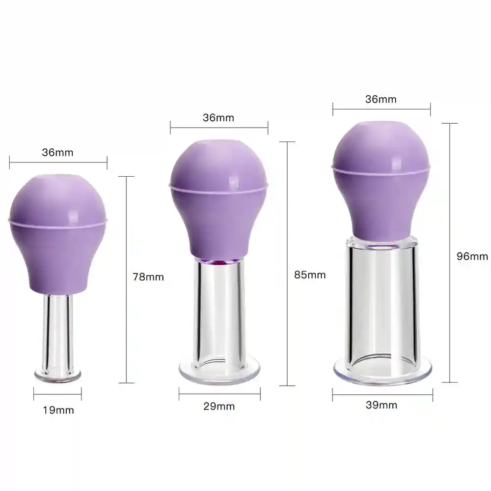 Set of three purple facial vacuum cupping massage jars with clear bases and dimensions for skin lifting and anti-aging.