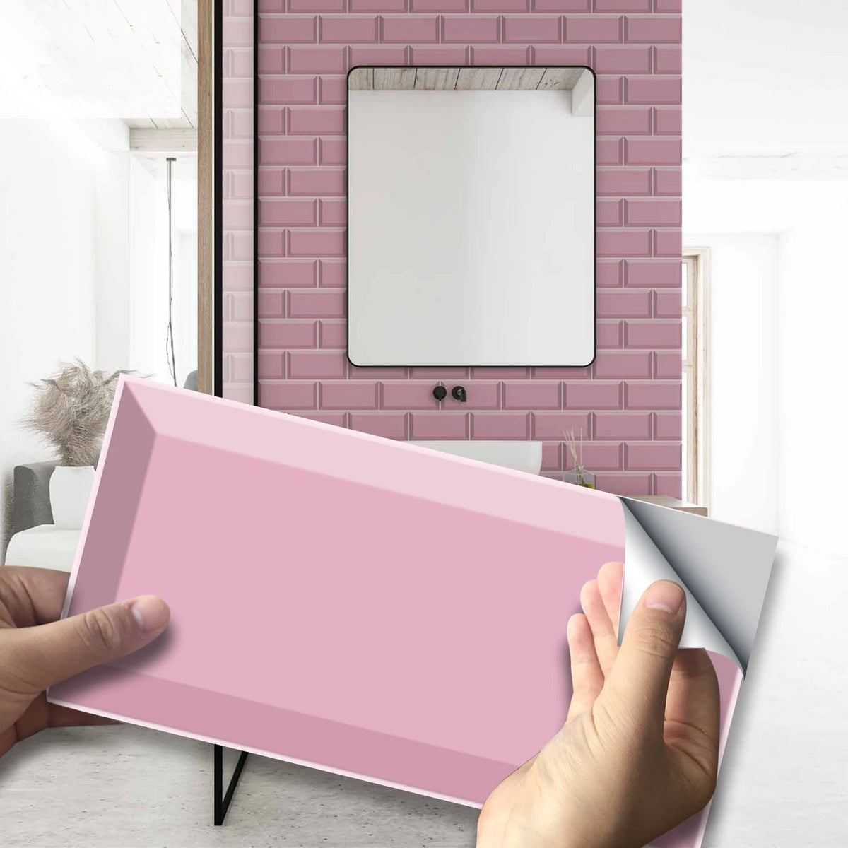 Peel-and-stick brick tile sticker sheet, pink brick pattern.