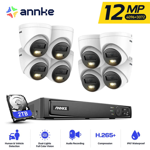 White dome security cameras with dual light, shown with black 8CH NVR and 2TB HDD