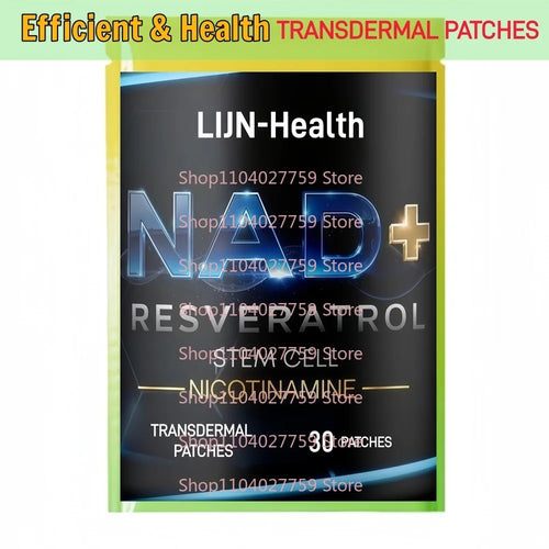 LIJN-Health anti-aging NAD+ Resveratrol transdermal patches in yellow and black 30-patch pouch.