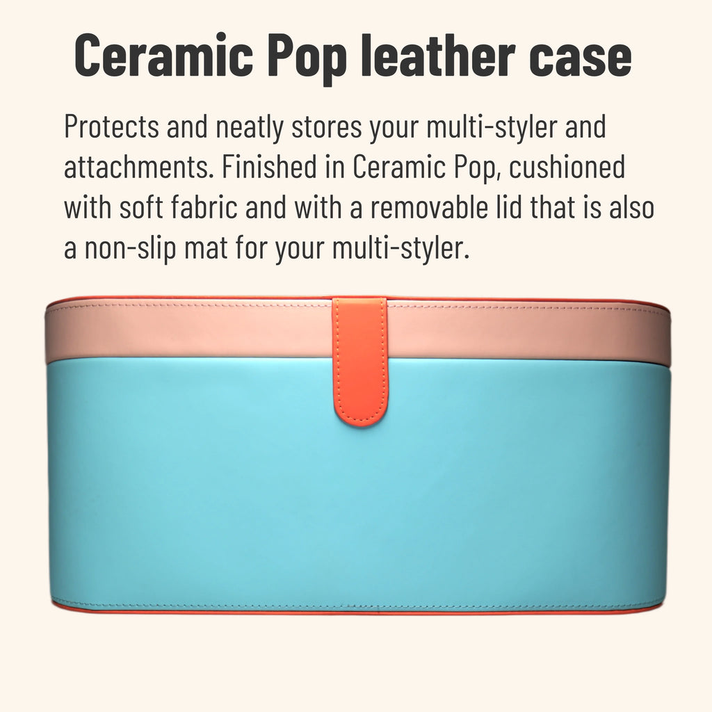 Ceramic Pop leather storage case for 5-in-1 multi-styler hair dryer, featuring a protective lid and non-slip mat.