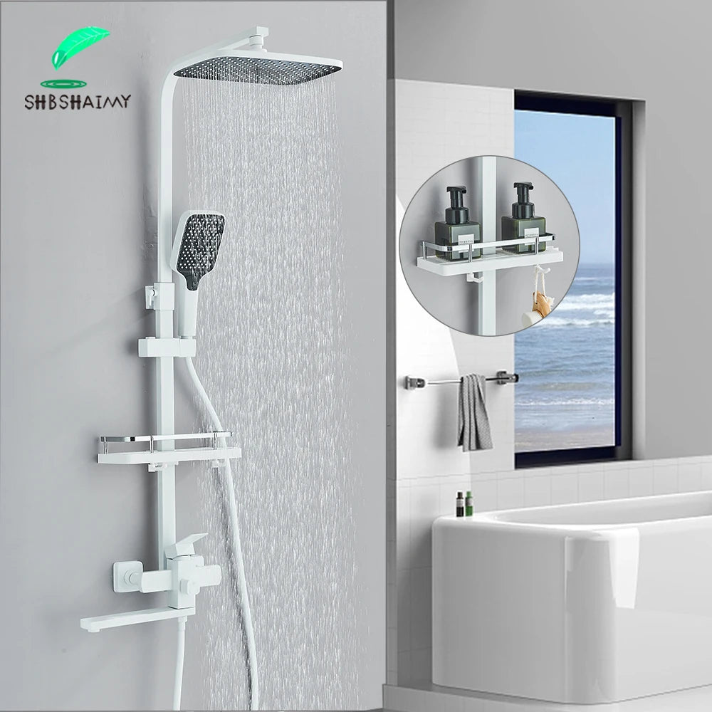White Bathroom Shower Faucet Set Long Spout Rotation 3 Function Rainfall Headshower With Shelf Hot Cold Shower Mixer Tap System