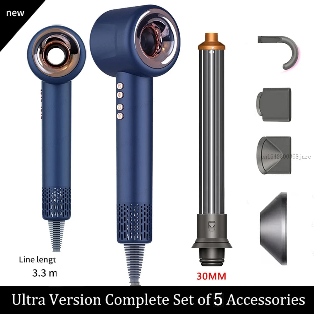 Blue negative ion hair dryer set with 5 styling attachments, professional leafless design, and 3.3m power cord.