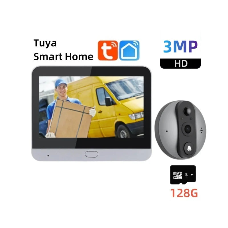 Wireless video doorbell camera with touchscreen monitor, gray doorbell and 128G microSD card