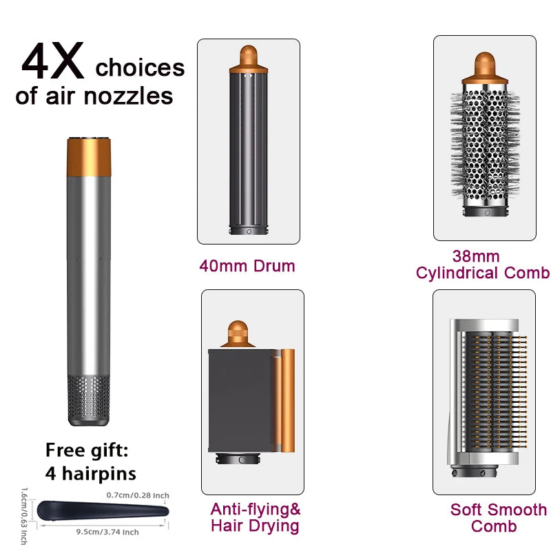 SenCiciMen 6-in-1 multi hair styler with 4 gold and grey air nozzles, curling barrels, and brushes for professional hair.
