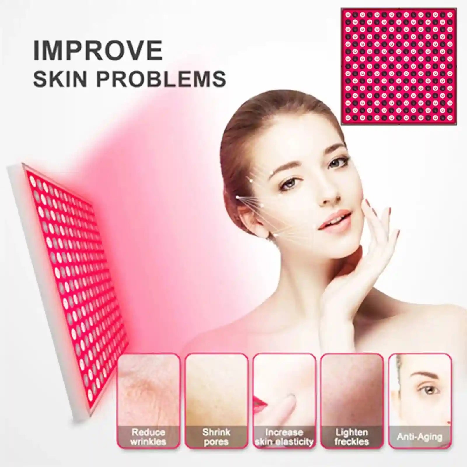 Square red and near-infrared LED light therapy panel used for facial skin rejuvenation and anti-aging treatments.