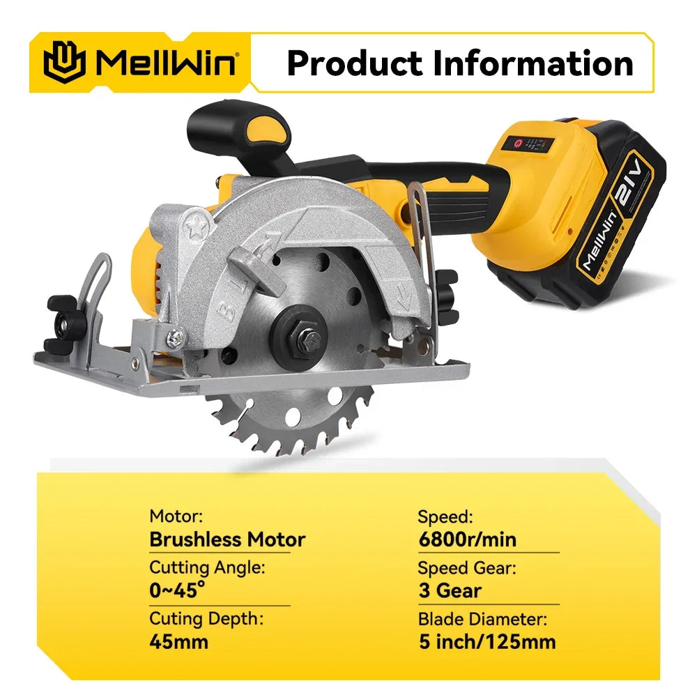 MELLWIN 5 Inch Brushless Electric Circular Saw Cordless Multi-Angle Saw Woodworking Power Tool Set For Makita 18V Battery Pin