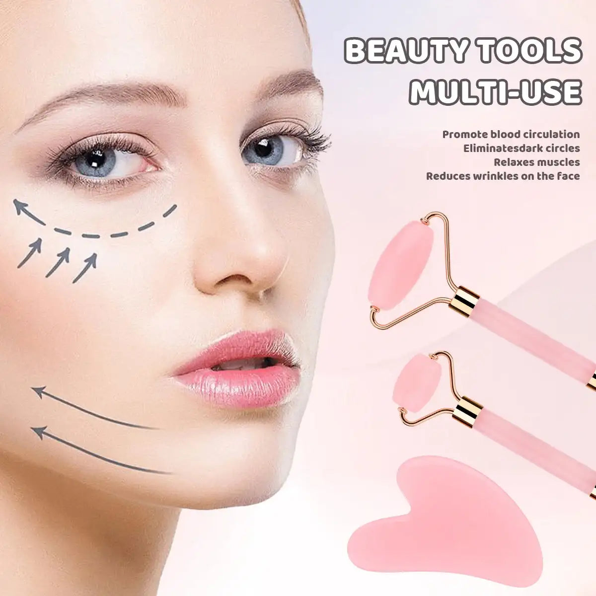 Three-piece pink quartz facial massage set including two rollers and a heart-shaped gua sha tool.