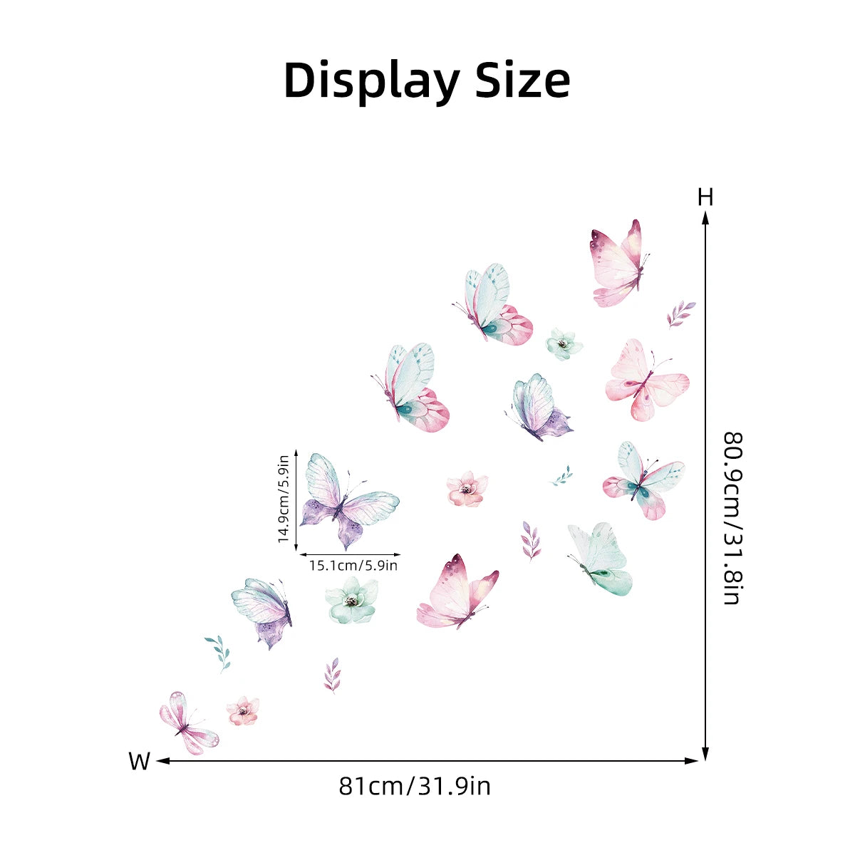 Watercolor butterfly wall sticker display diagram with pastel butterflies and flowers