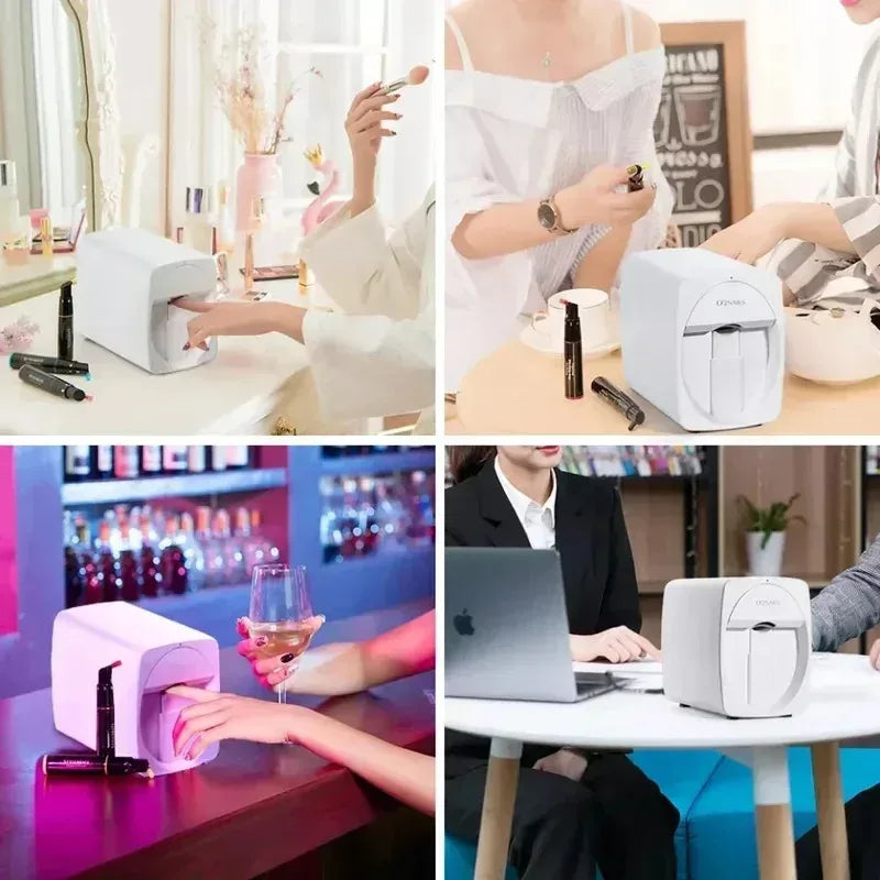 White smart 3D nail printer for home or salon. Compact portable mobile device printing custom nail art designs.