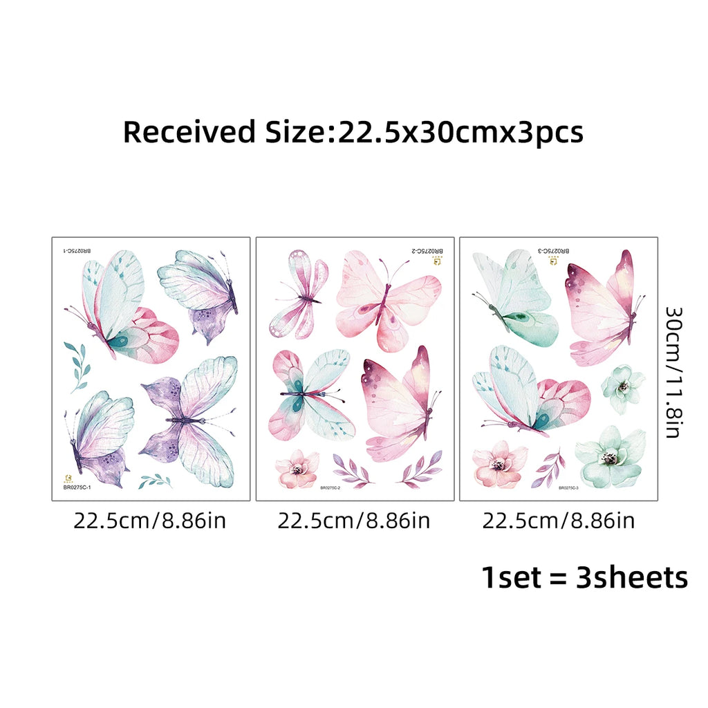 3 sticker sheets of watercolor butterflies and flowers, multicolor pastel designs