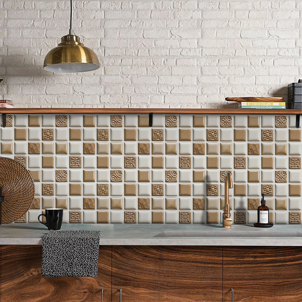 10pcs Flat Mosaic Tiles Sticker Set Kitchen Bathroom Wall Decals Gloss Waterproof Film 2D Surface Cover Transfers for Home Decor