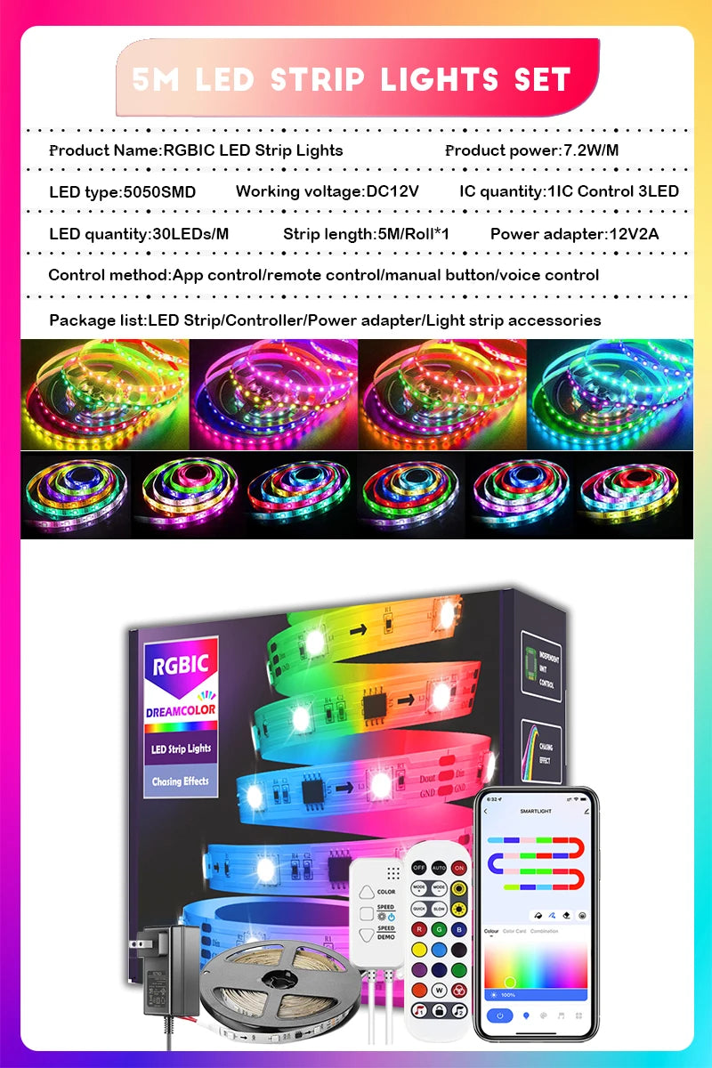 WS2811 Dreamcolor LED Strip Lights,16.4ft/5m RGBIC TUYA WiFi Phone App Controlled Waterproof Smart Music Sync Light Strip