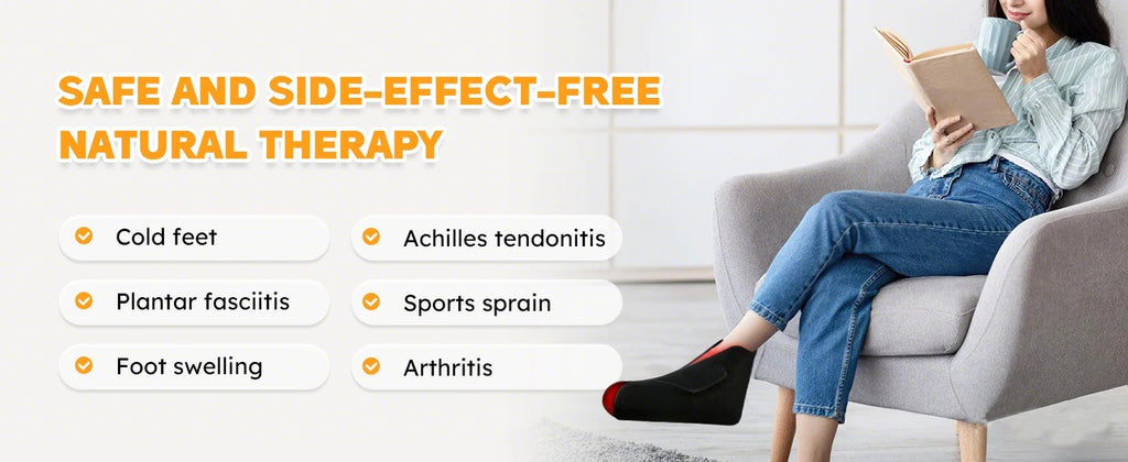 Woman wearing black infrared light therapy shoe wrap for foot pain relief, neuropathy, and inflammation at home.