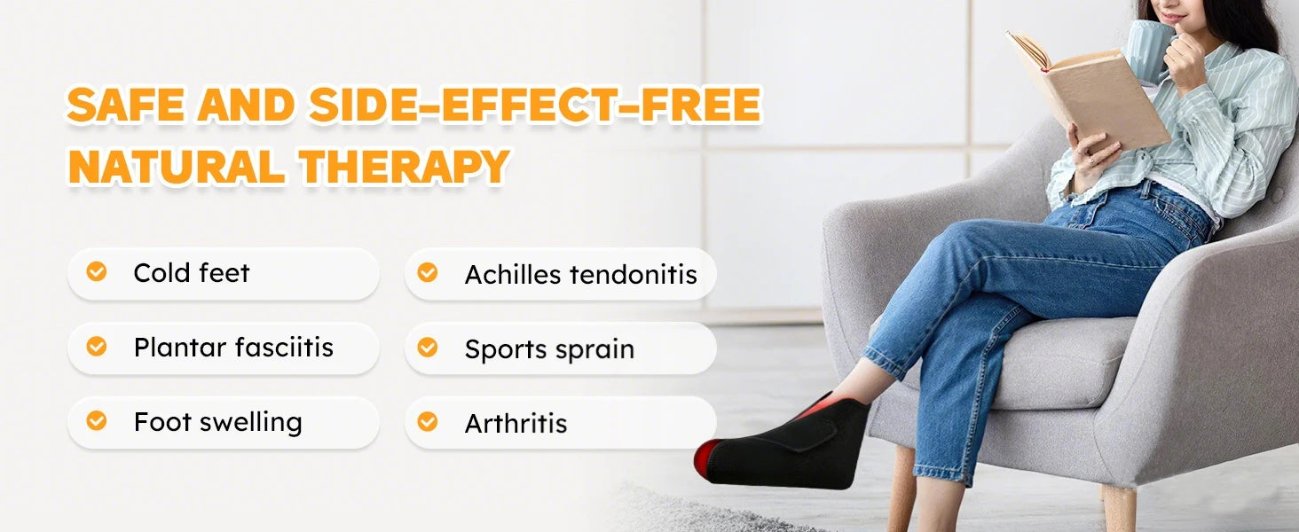 Woman wearing black infrared light therapy shoe wrap for foot pain relief, neuropathy, and inflammation at home.