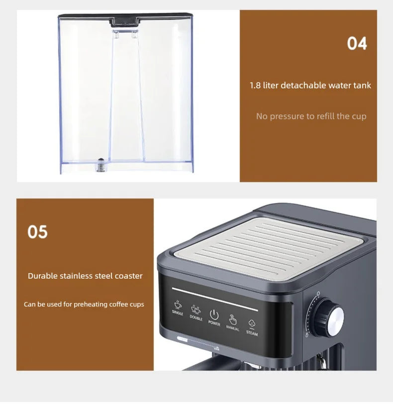 1.8L detachable clear water tank and gray espresso machine with stainless steel cup warming tray and control panel.