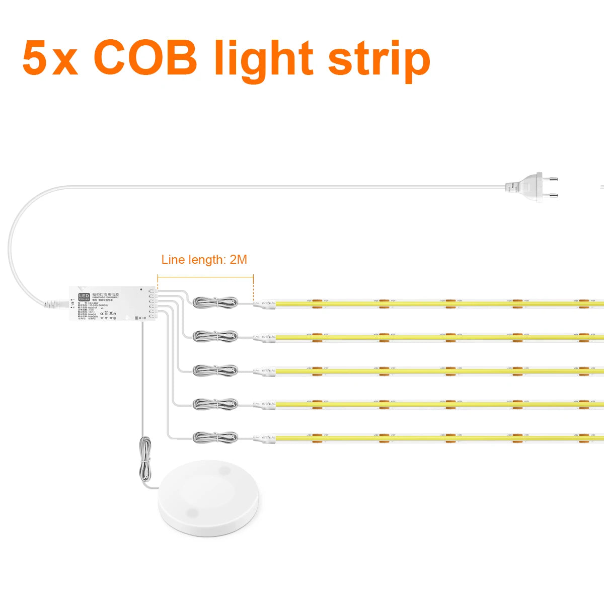 COB LED strip kit with 5 strips, touch sensor puck and power plug, 2m length.