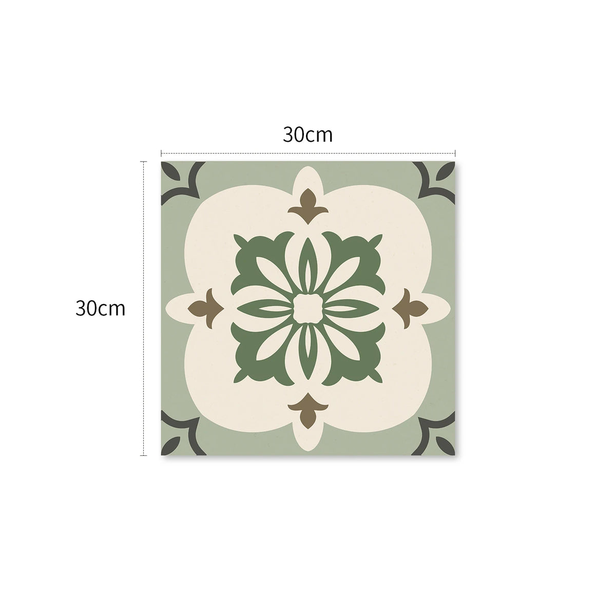 Peel-and-stick vinyl tile, cream and green floral medallion pattern, 30x30cm