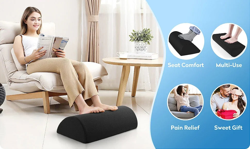 Ergonomic black memory foam foot rest for under desk with non-slip base for leg fatigue relief and comfort.