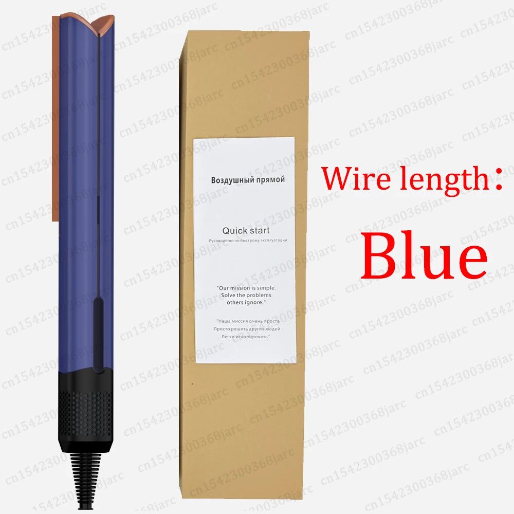 Blue 2-in-1 ionic hair straightener and dryer with sleek ergonomic design and packaging box for professional styling.