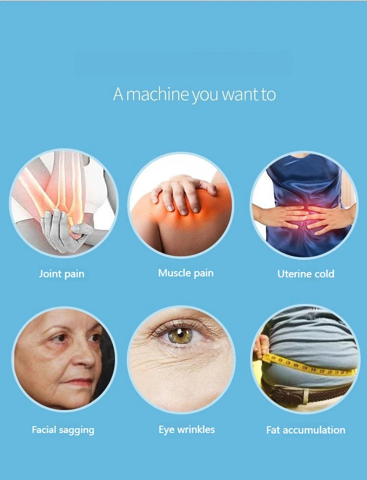 448KHz Tecar RF device showing pain relief, anti-aging, and body contouring treatment applications on blue background.