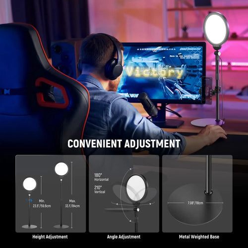 Black circular LED ring light on an adjustable metal stand with a weighted base, used for desktop streaming lighting.