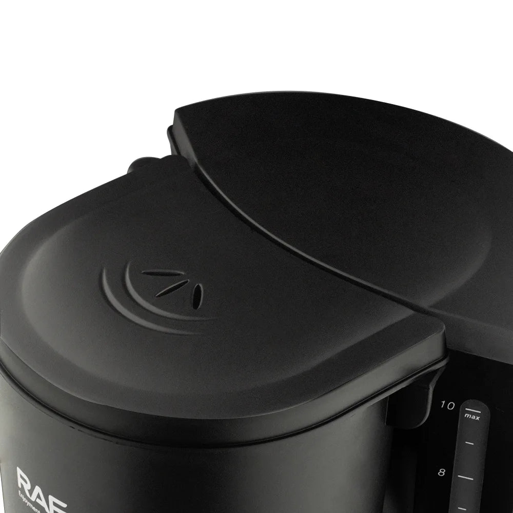 Black RAF drip coffee maker with matte plastic finish and 10-cup capacity water level indicator.
