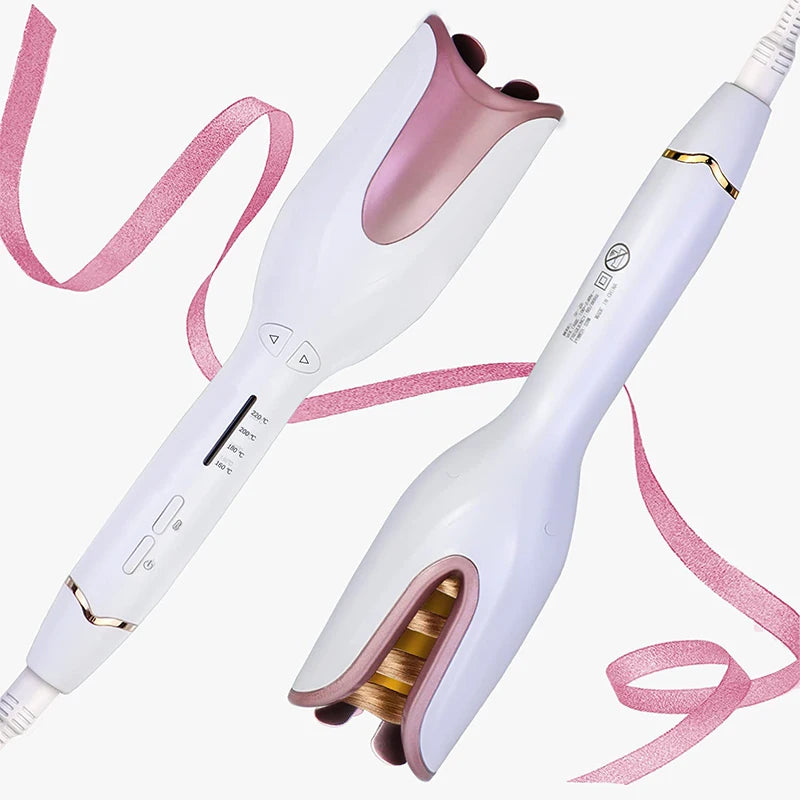 White and rose gold automatic hair curler with digital temperature settings for easy styling.