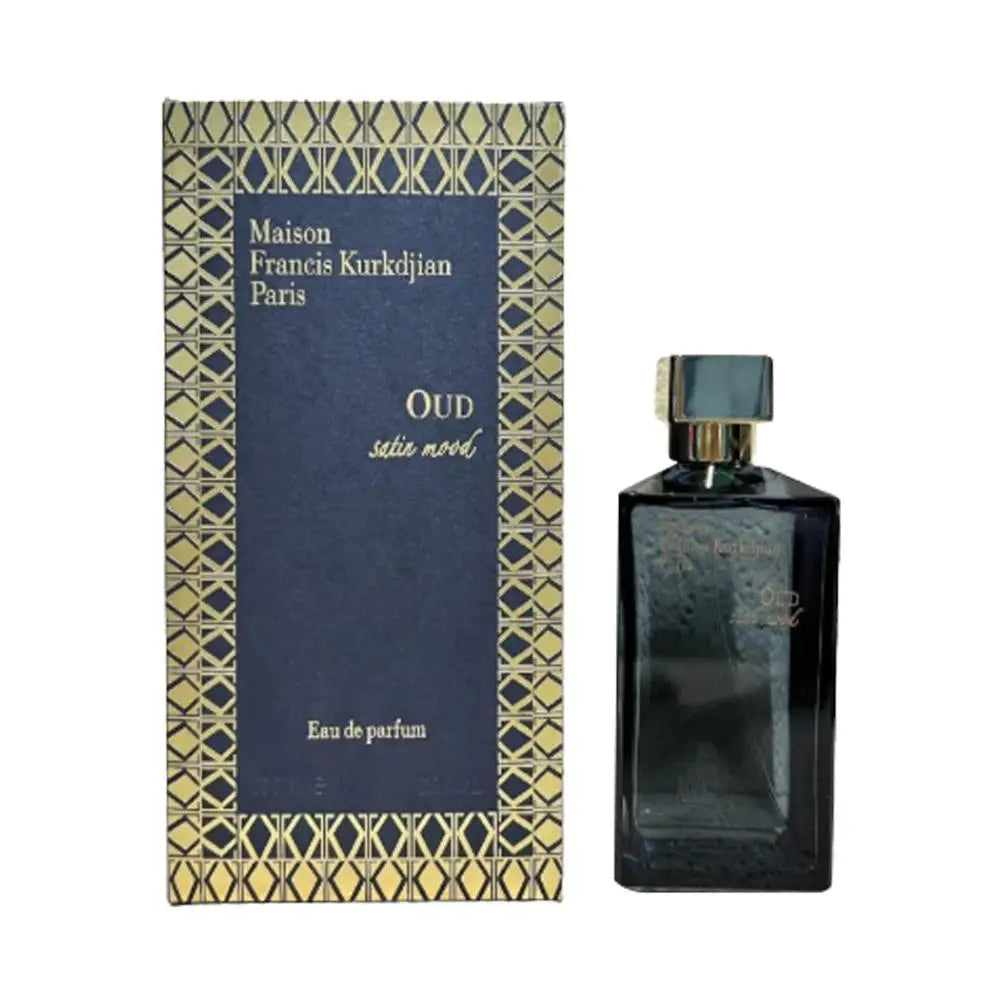 Maison Francis Kurkdjian Oud Satin Mood EDP: luxury unisex eau de parfum in a sleek dark glass bottle and ornate box.