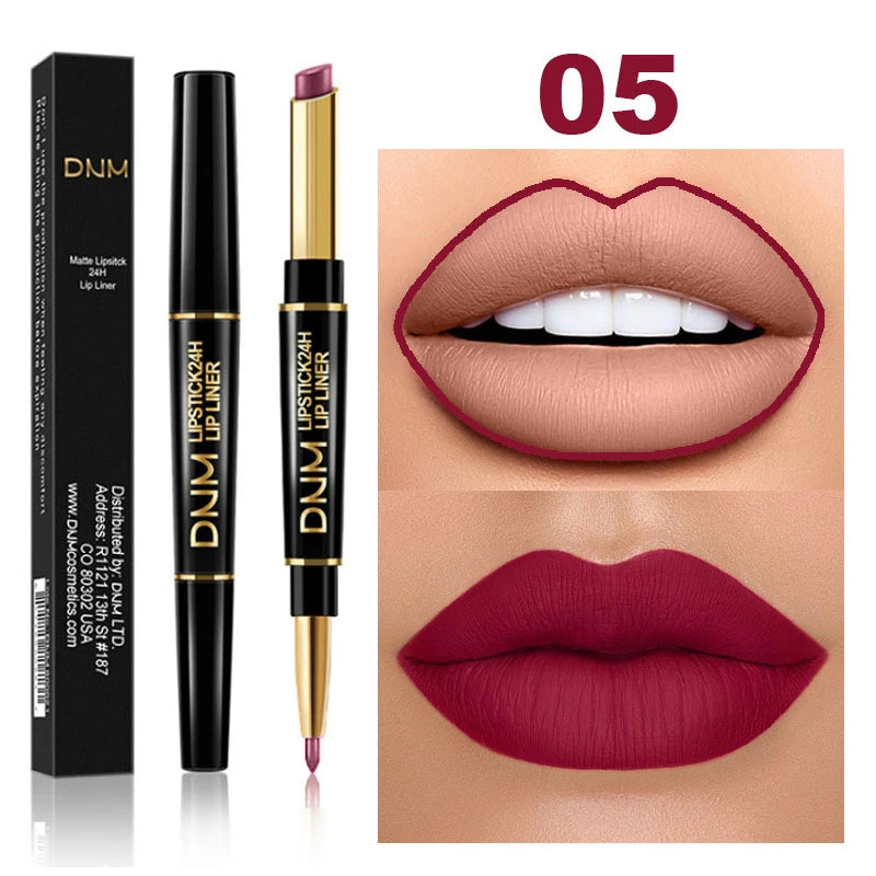 DNM 2-in-1 waterproof matte lipstick and lip liner pencil in shade 05, featuring long-lasting velvet lip makeup.