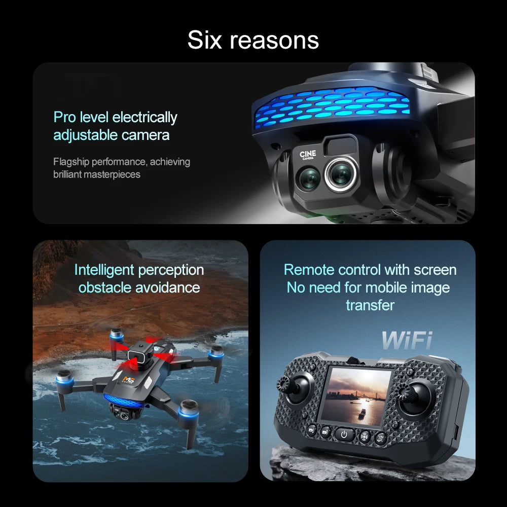 M6 drone with adjustable camera, obstacle avoidance, and remote controller featuring a built-in display screen.