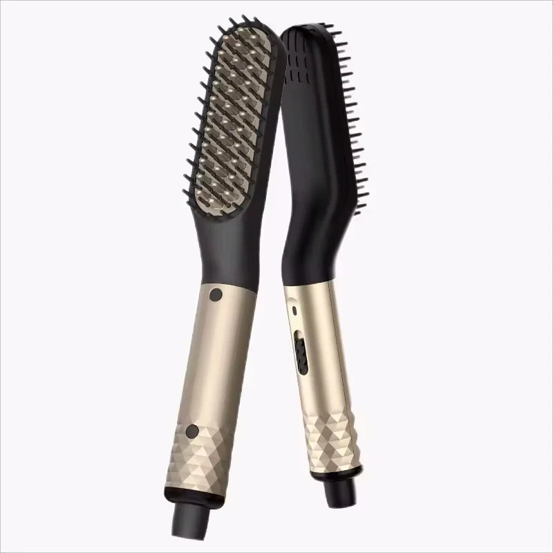 Black and gold portable men's beard straightener brush with fast-heating teeth and ergonomic styling handle design.