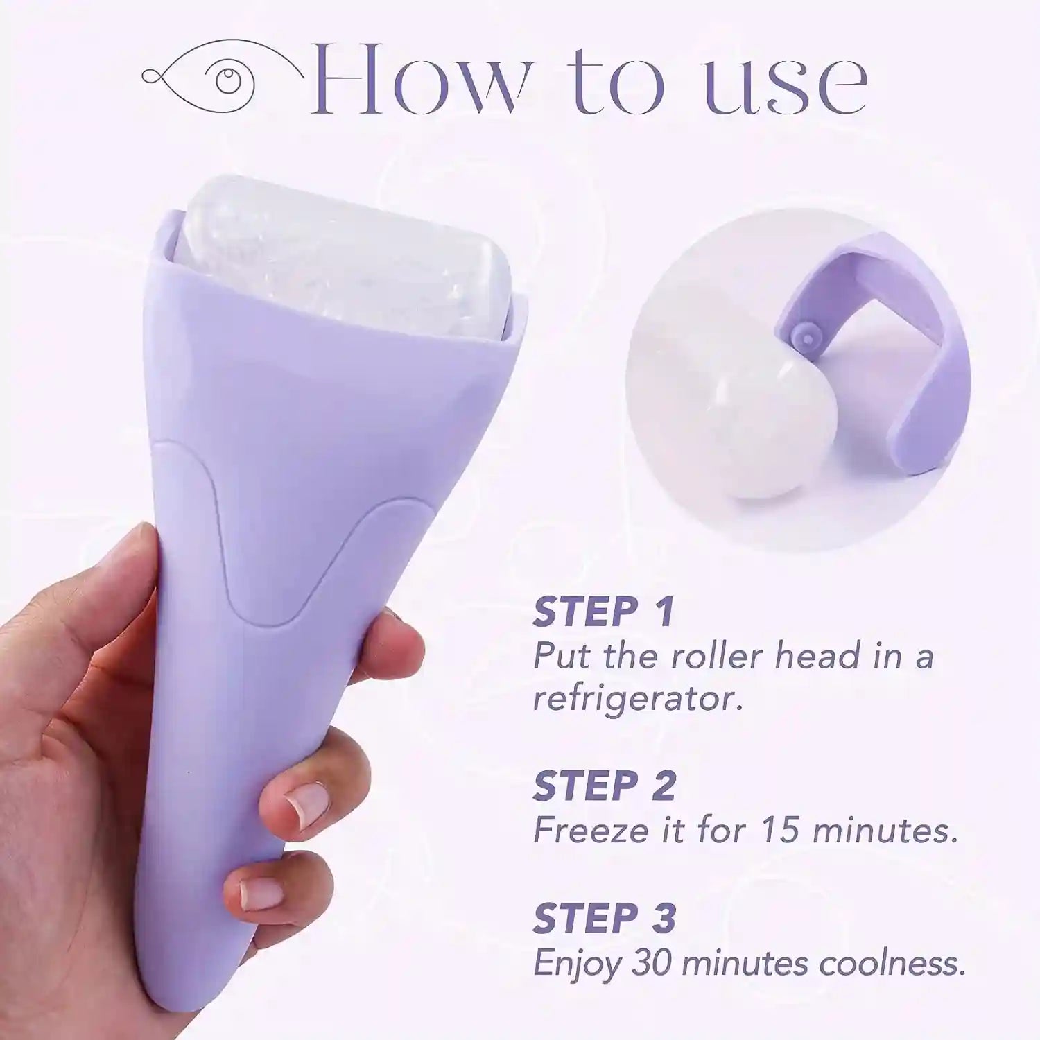Handheld lavender facial ice roller showing the detachable cooling head and step-by-step instructions.