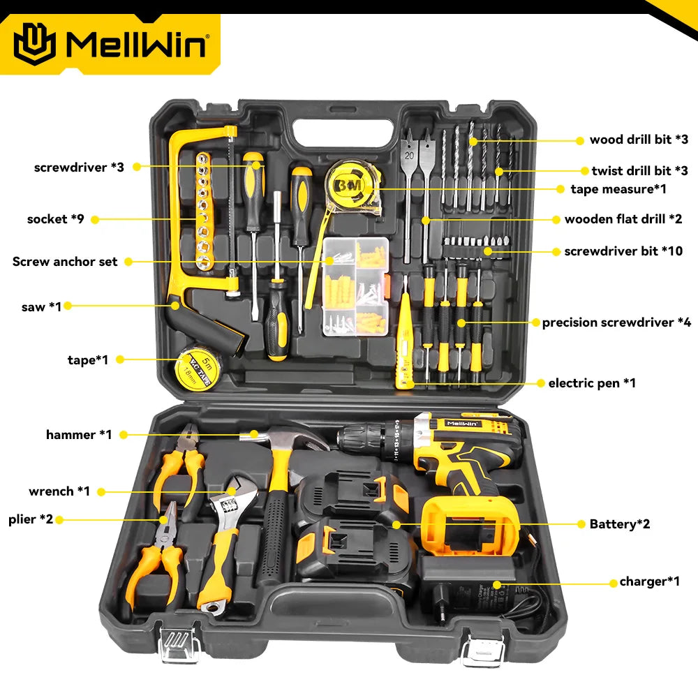MELLWIN 25+3 Torque Electric Impact Drill Set Multipurpose Cordless Electric Screwdriver Power Tool For Makita 18V Battery Pin