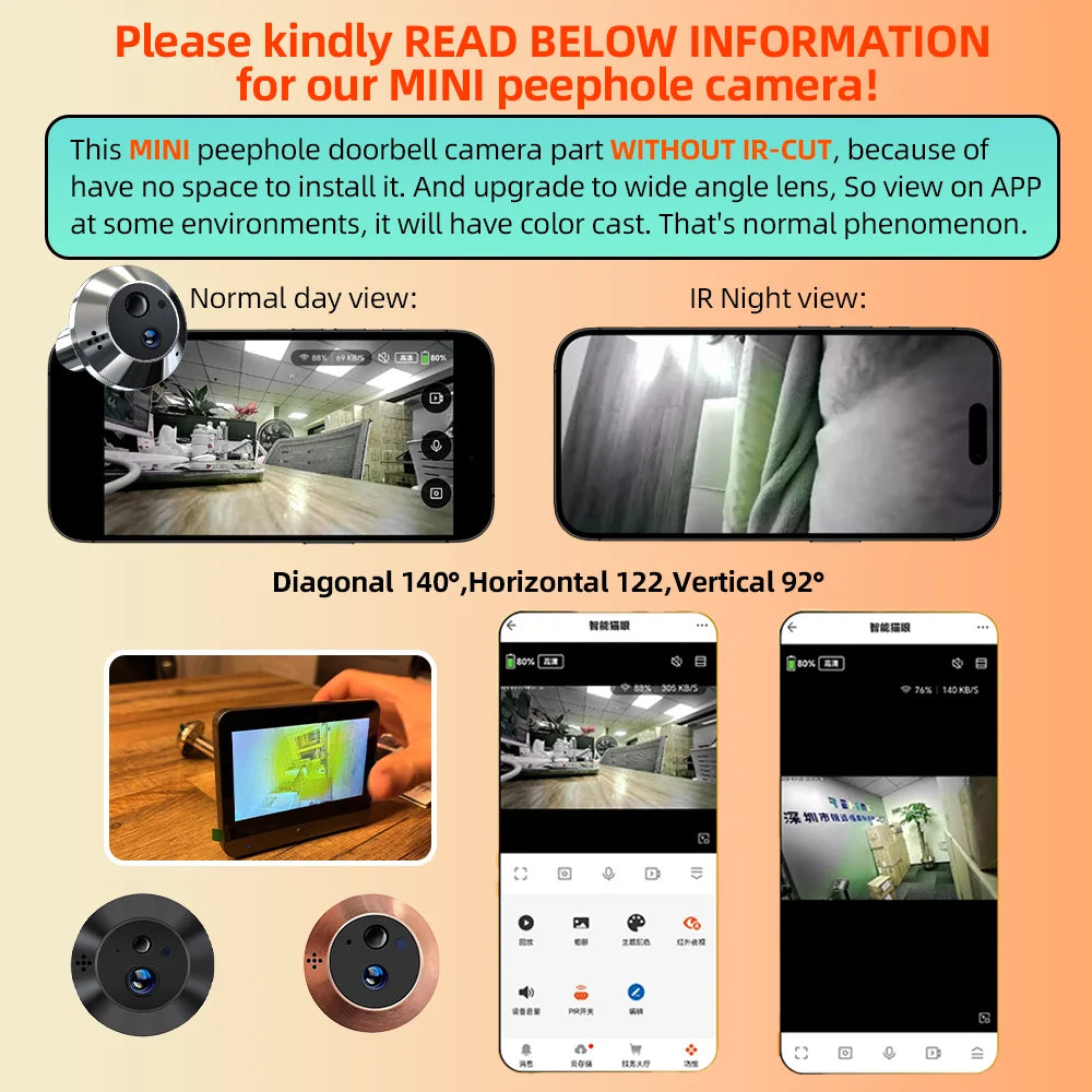 Battery Powered MINI Two Way Talk Tuya SmartLife APP 3MP Wide View 2.4G WiFi 940NM Infrared Digital Door Peephole Eye PIR Camera