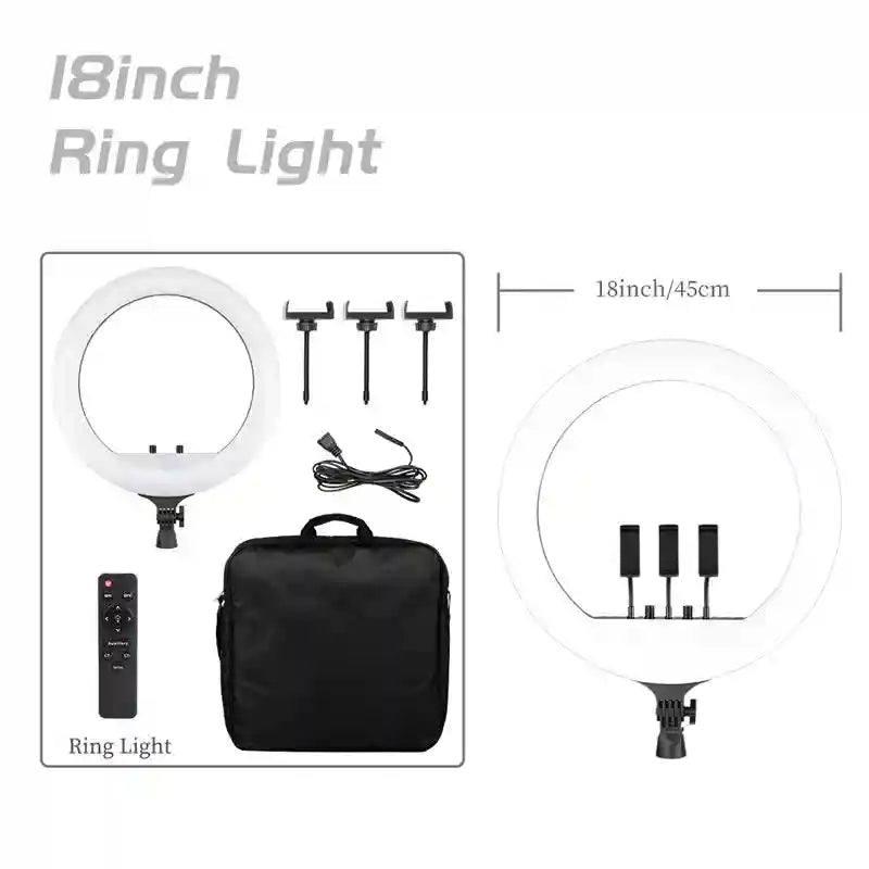 18-inch circular LED ring light with three phone mounts, remote control, power cord, and a black carrying bag.