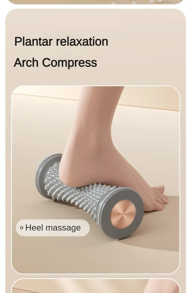 Gray manual foot massage roller for plantar fasciitis relief, featuring textured spikes for arch and heel pain relief.