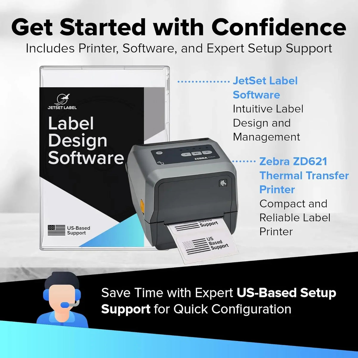 Compact Zebra thermal barcode printer with front label slot and control buttons