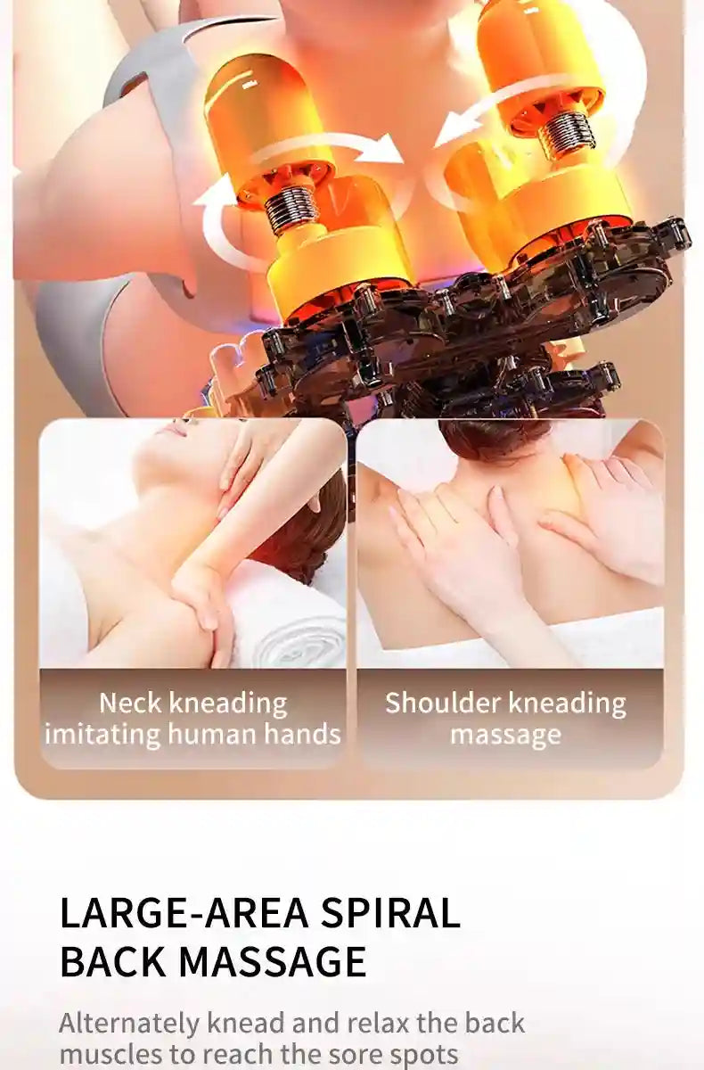 Orange, wearable neck and back massager with rotating massage heads that simulate human kneading motions.