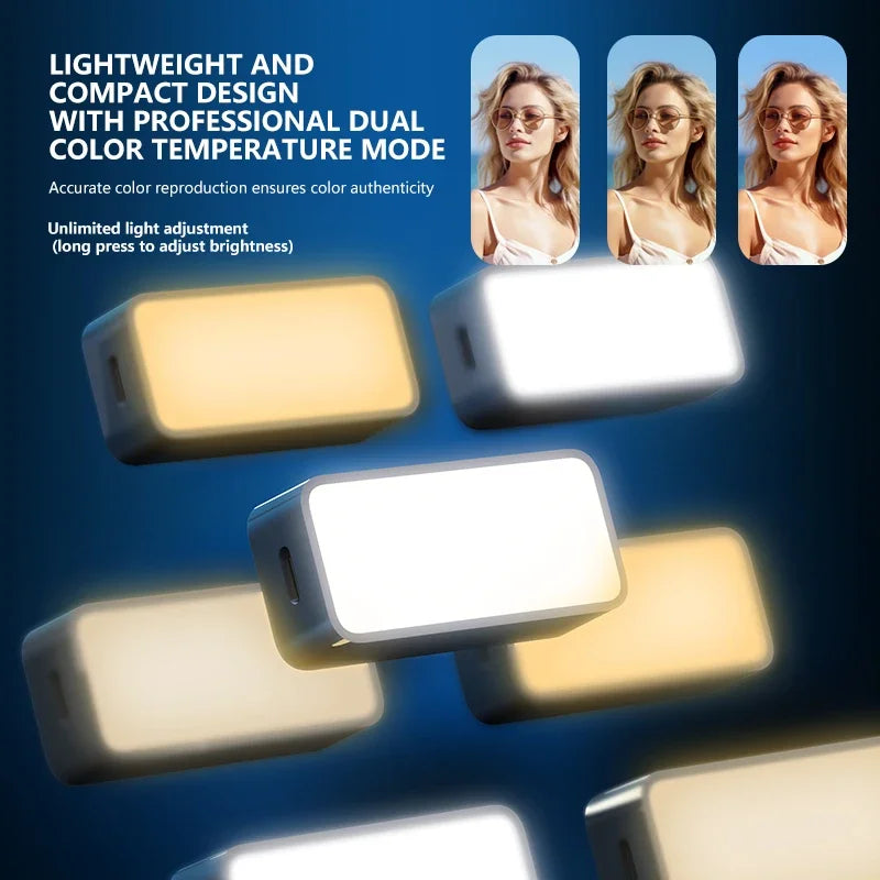 Small rectangular LED video light with adjustable warm and cool color temperatures for photography and content creation.