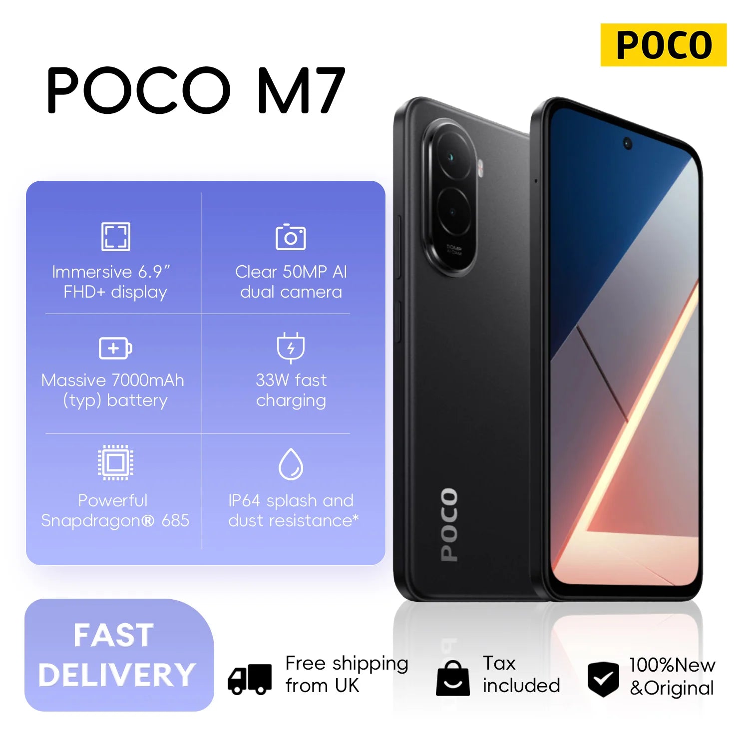 POCO M7 4G 6+128GB Global Version 6.9" 144Hz Powerful Snapdragon® 685 50MP AI Camera 7000mAh 33W Fast and 18W Reverse Charging
