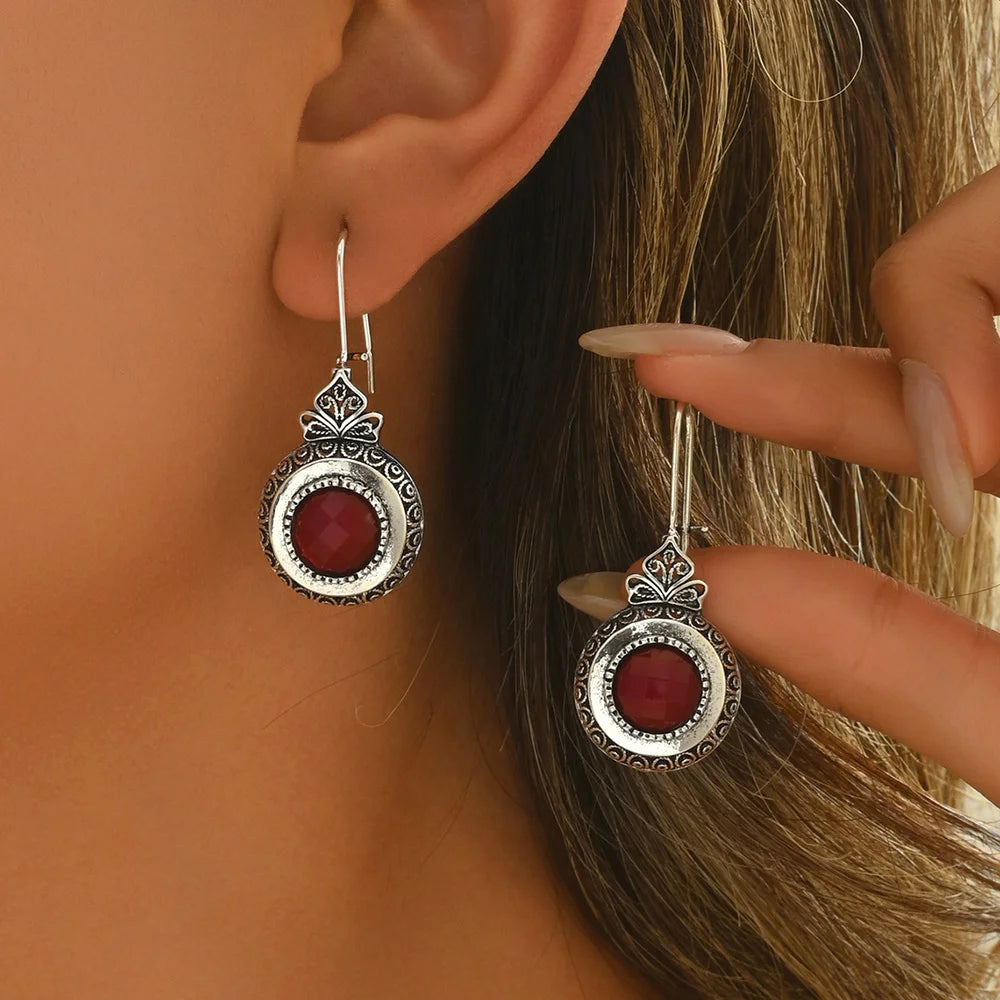 Retro Round Inlaid Redstone Earrings With Geometric Creativity Silver women's Jewelry Pendant Earrings