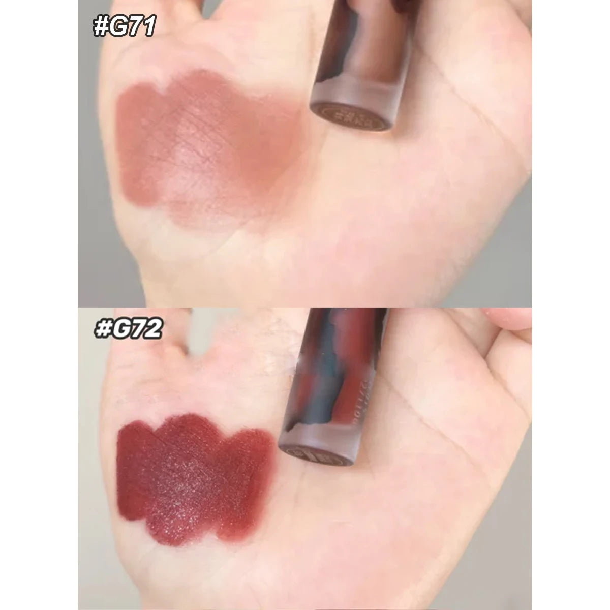 Girlcult Love Whisper velvet matte lip stain swatches in shades #G71 nude and #G72 deep red on hand for soft-focus finish.