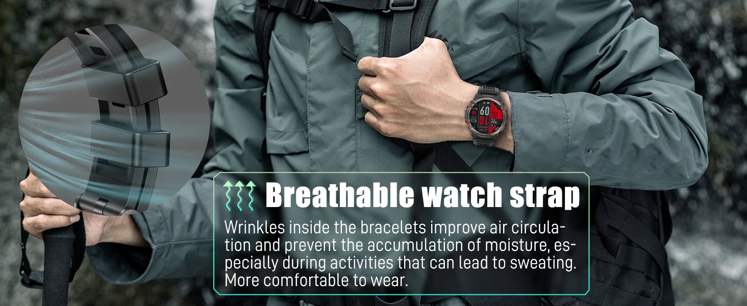 EIGIIS KE5 3ATM Waterproof Smart Watch for Men with LED Flashlight 1.45'' HD Rugged Smartwatch with 530mAh Big Battery